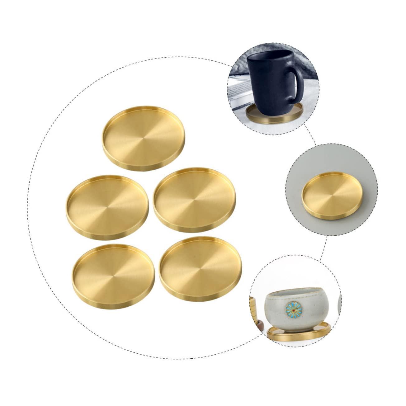 HERFIER 5pcs Copper Cup Coasters Cup Mats Saucers Teacup Storage Holder Coffee Cup Mats 2.59x2.59x0.24in