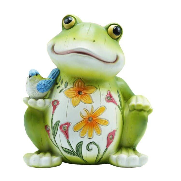 Green Resin Solar Frog Garden Statue with Bird