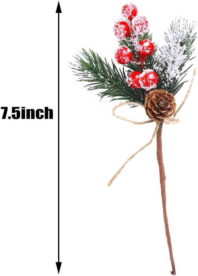 FUTERLY 10 Pcs Christmas Berries Pine Cones for DIY Crafts-Christmas Tree Picks Spray Evergreen Artificial Pine Branches Holly Stem,Xmas Garland Décor,Gift Wrap Embellishment (Red)