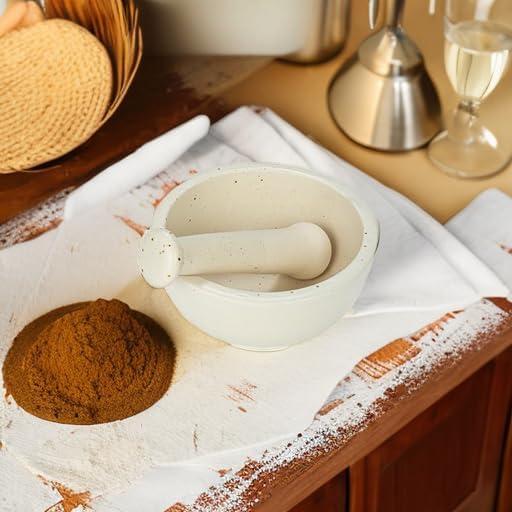 Speckled White Ceramic Mortar and Pestle Set, Medium