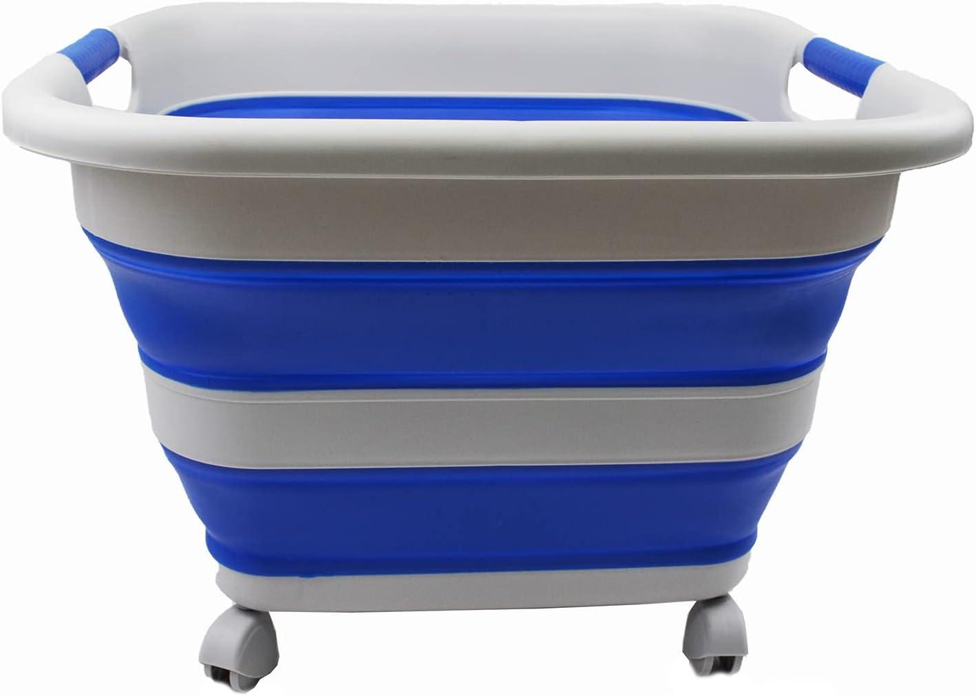 SAMMART 39L (10.3 Gallons)  Collapsible Plastic Laundry Basket with Wheels, Grey/Purplish Blue