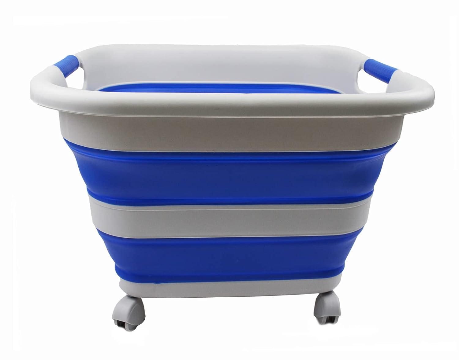 SAMMART 39L (10.3 Gallons)  Collapsible Plastic Laundry Basket with Wheels, Grey/Purplish Blue