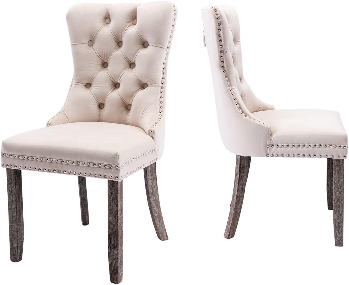 BELLEZE Upholstered Dining Chairs Set of 2, Velvet Luxury Dining Room Chairs with Button Back, Nailhead Trim, Pull-ring, Solid Wood Legs for Kitchen, Living Room, Restaurant - Chandler (Beige)