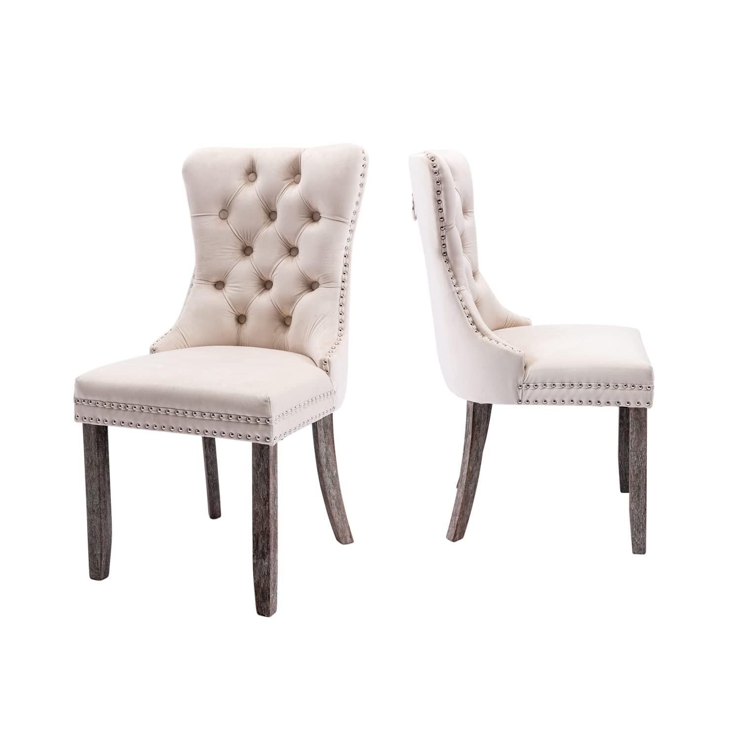 BELLEZE Upholstered Dining Chairs Set of 2, Velvet Luxury Dining Room Chairs with Button Back, Nailhead Trim, Pull-ring, Solid Wood Legs for Kitchen, Living Room, Restaurant - Chandler (Beige)