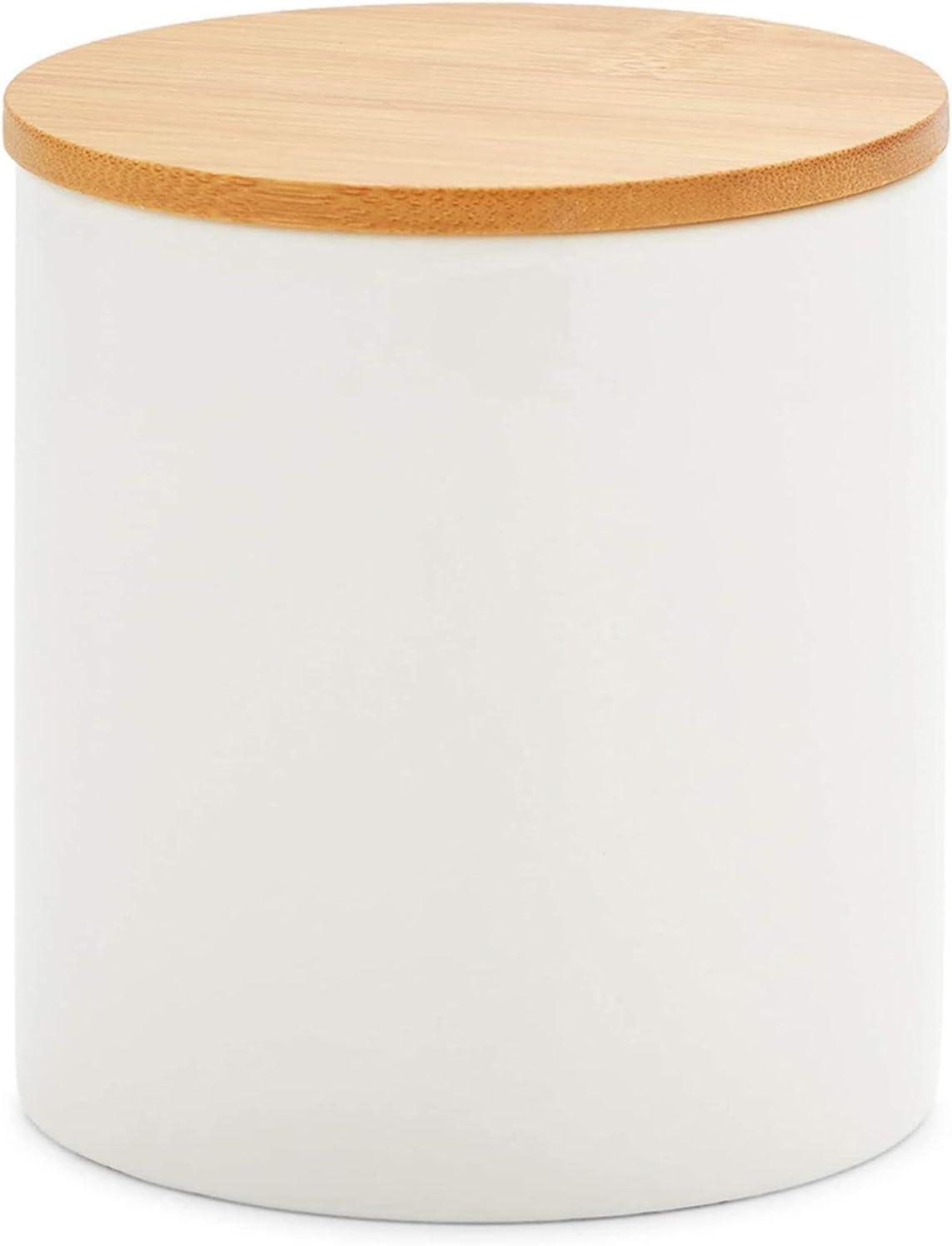 Set of 3 White Ceramic Canisters with Bamboo Lids