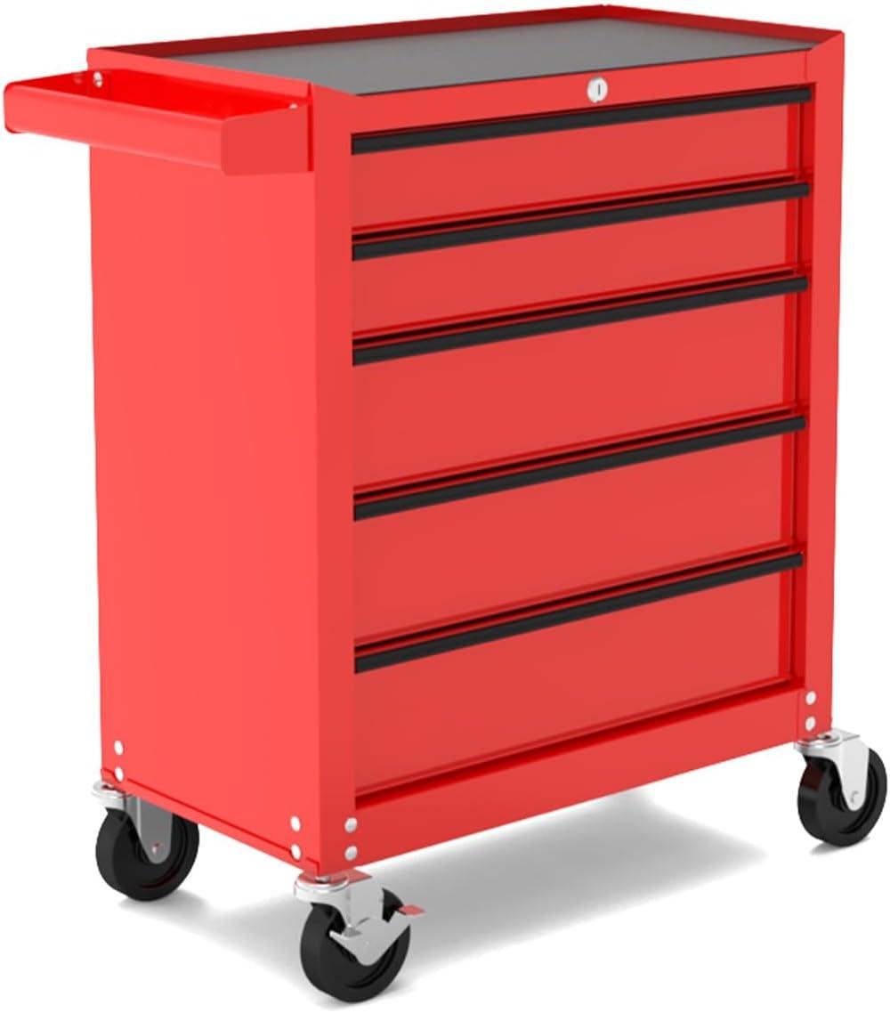 Multifunctional 5 Drawer Rolling Tool Chest, Powder-Coated Steel Construction Tool Cart with Pull Handle and lock for Garage, Warehouse, Workshop, Repair Shop, Red