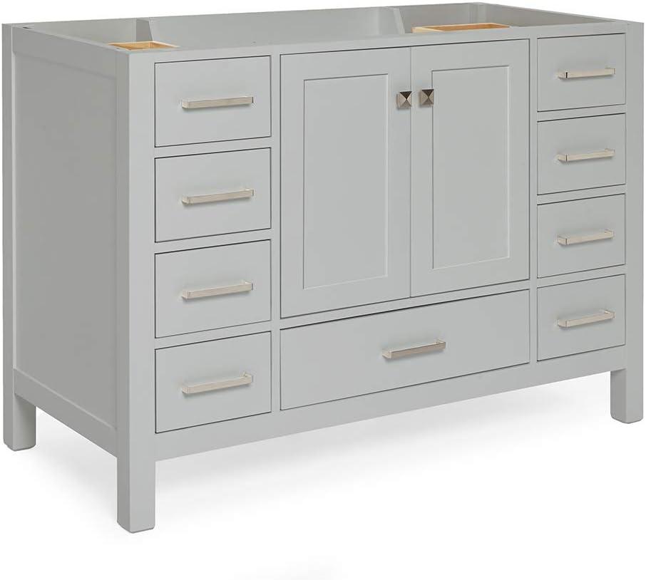 ARIEL 48" Grey Bathroom Vanity Base Cabinet, Single Sink Configuration, 2 Soft Closing Doors, 9 Full Extension Dovetail Drawers, Brushed Nickel