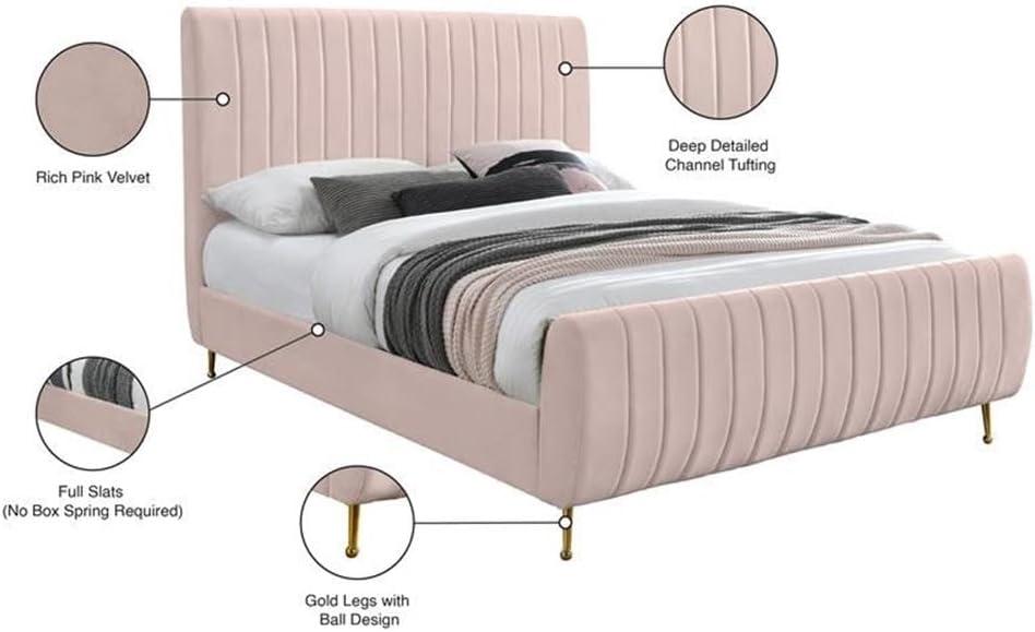 Meridian Furniture Zara Contemporary Queen Bed with Gold Legs and Slats, Pink Velvet