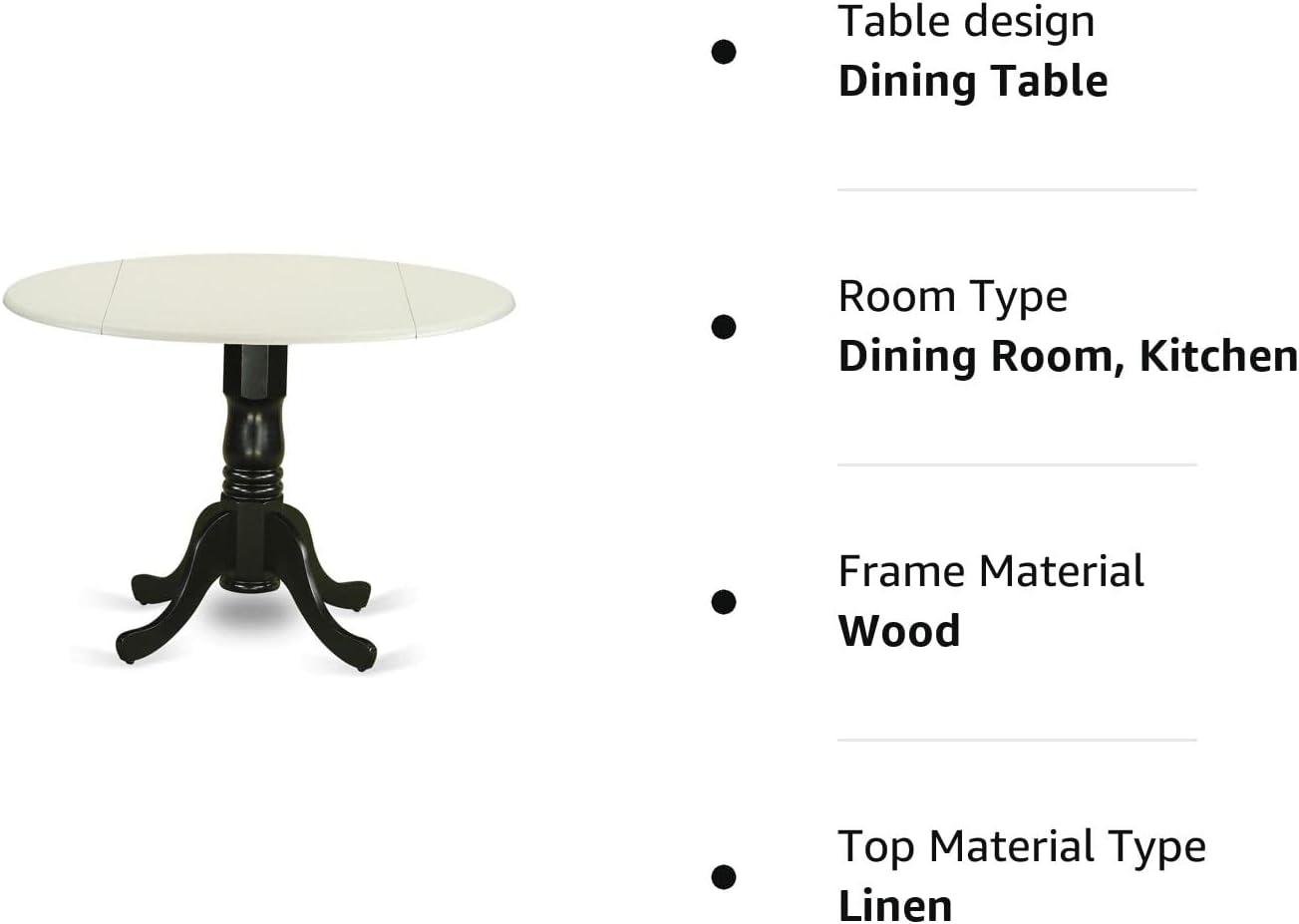 Dublin Pedestal Round Dining Table with Dual Drop Leaves, Linen White & Black