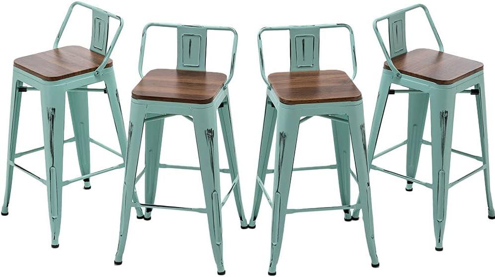 Andeworld Bar Stools Set of 4 Counter Height Stools Industrial Metal Barstools with Wooden Seats( 24 Inch, Distressed Green Blue)