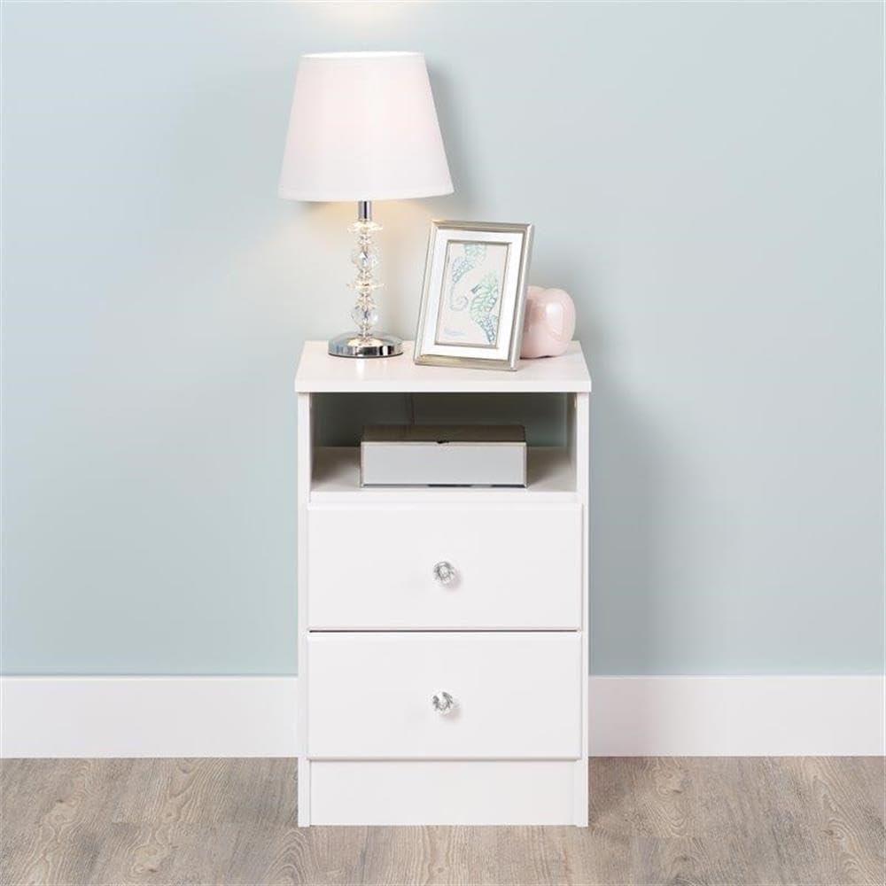 Astrid 2 Drawer Nightstand with Crystal Knobs White - Prepac: Modern Style, Open Shelf Storage