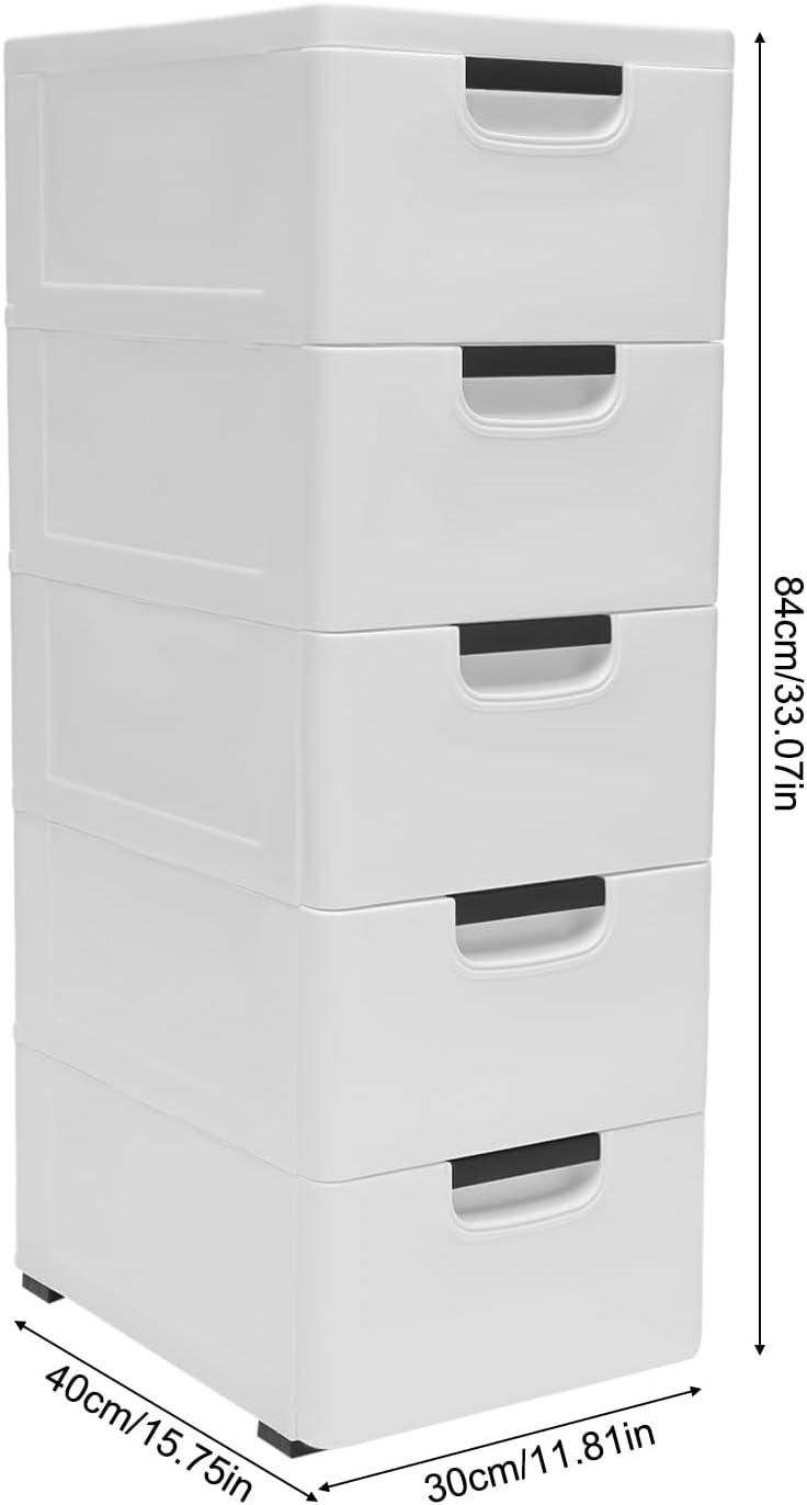 Aiqidi 5 Plastic Drawers Dresser, 5 Layers Vertical Stackable Storage Cabinet Bedroom Tower Closet Organizer w/4 Wheels (White)