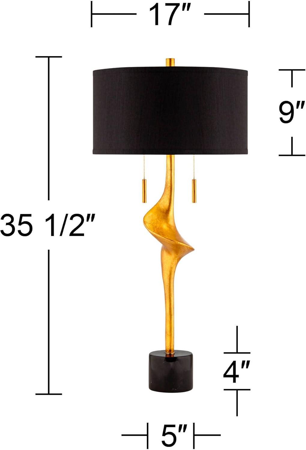 Possini Euro Design Athena Modern Buffet Table Lamp 35 1/2" Tall Sculptural Gold Leaf Black Drum Shade Bedroom Living Room Bedside Nightstand Office