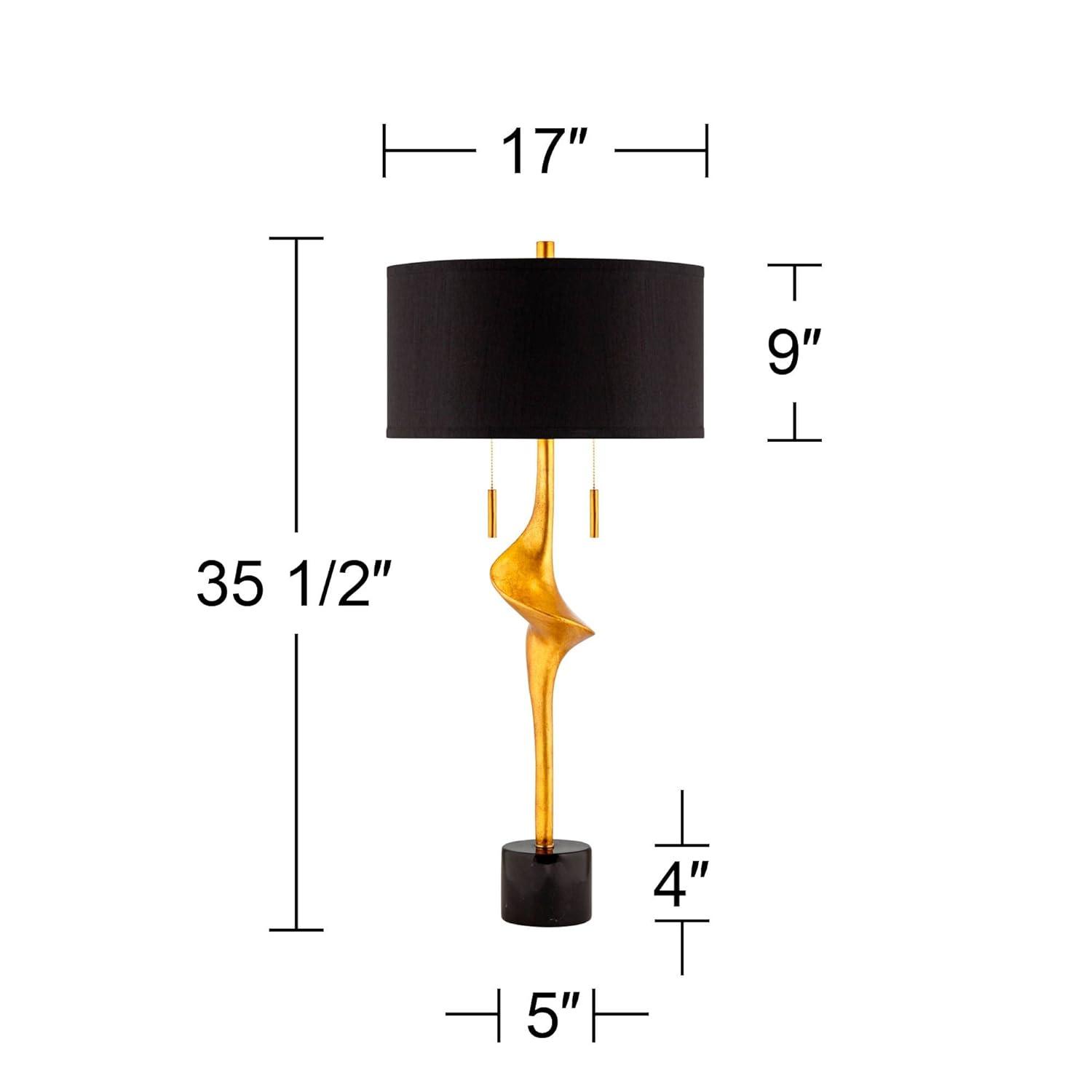 Possini Euro Design Athena Modern Buffet Table Lamp 35 1/2" Tall Sculptural Gold Leaf Black Drum Shade Bedroom Living Room Bedside Nightstand Office