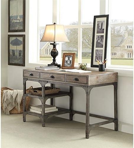 Wood And Metal Desk With Three Drawers And Two Side Shelves Oak Brown And Gray - Saltoro Sherpi