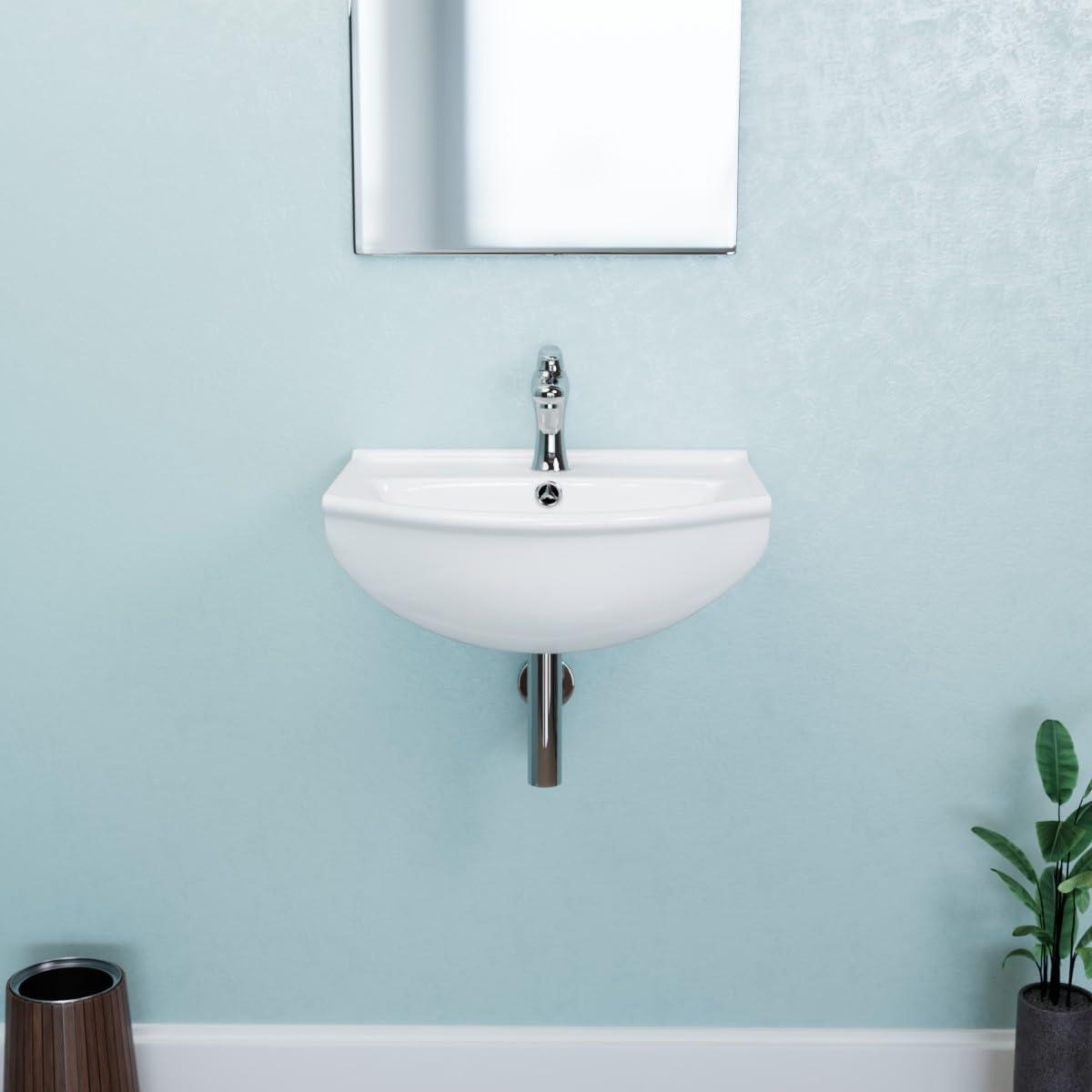 Tahoe Small Wall Mounted Bathroom Sink 17.75" White Ceramic Arc Basin Gloss Porcelain Floating Vessel Sink Space Saving Vessel w/Overflow and Single Faucet Hole Renovators Supply