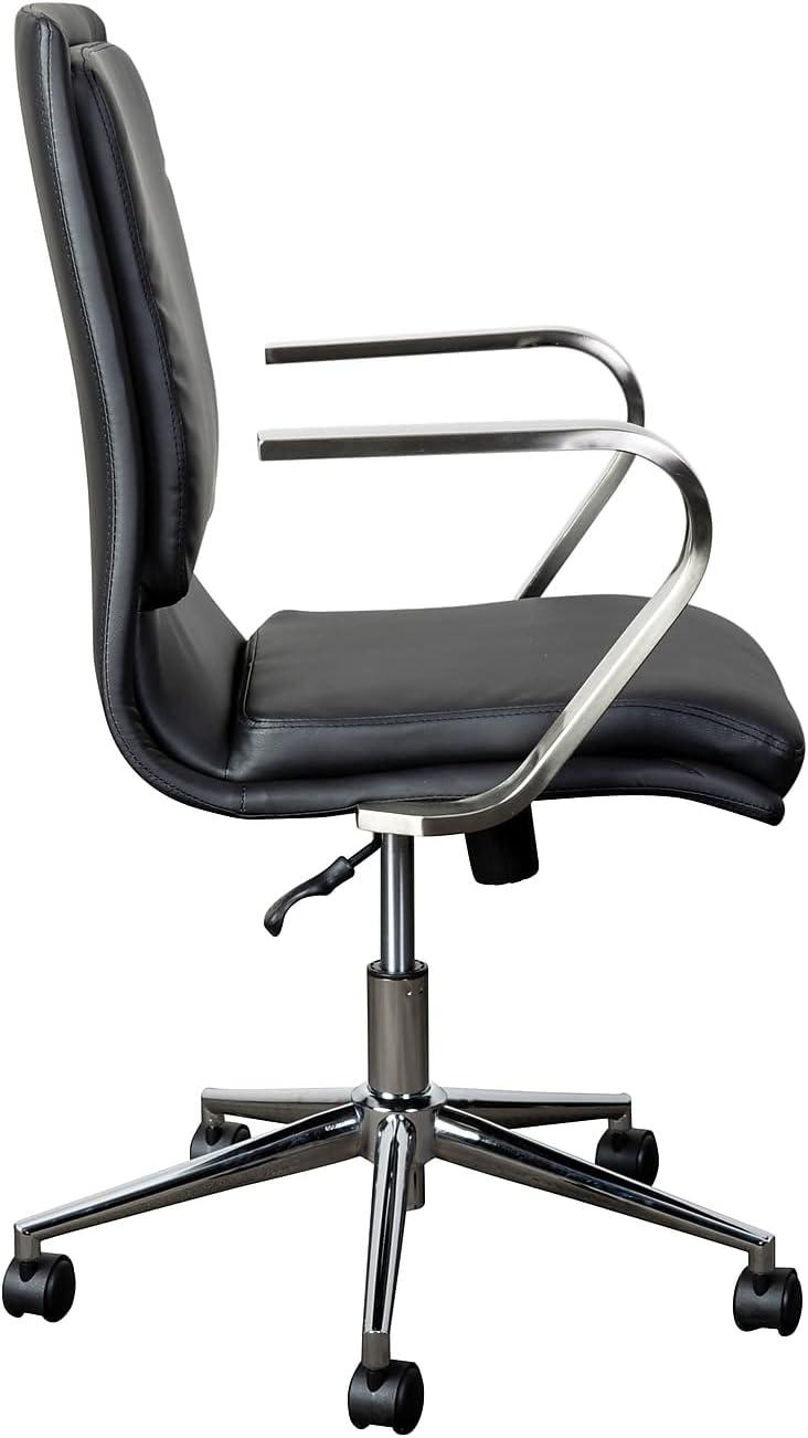 Modern Swivel Mid-Back Executive Chair in Brushed Chrome and Black Leather