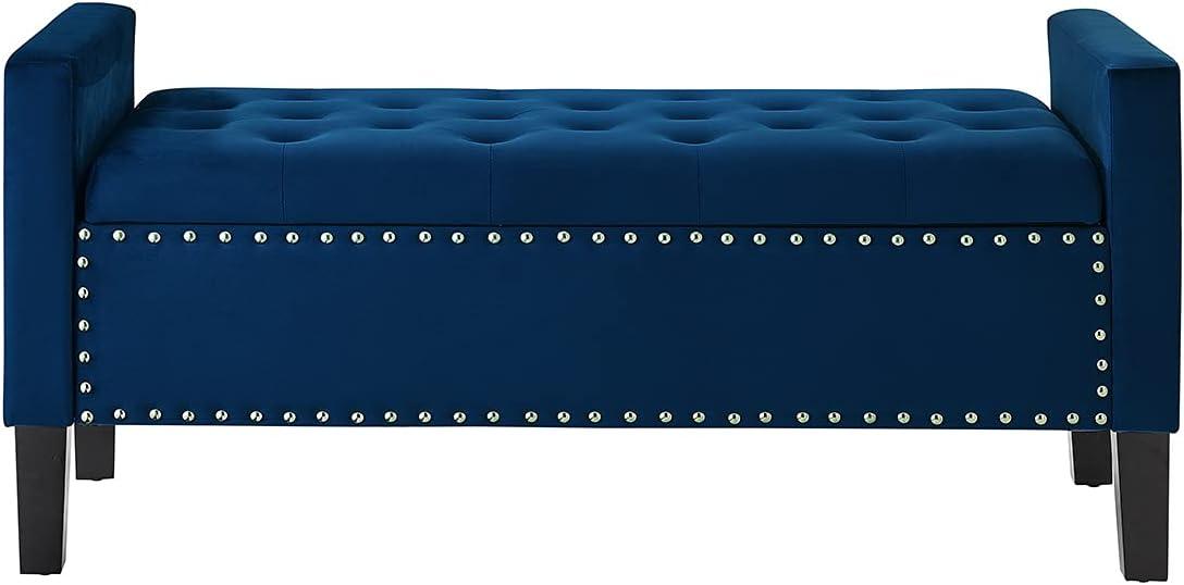 Navy Velvet Tufted Storage Bench with Arms and Nailhead Trim