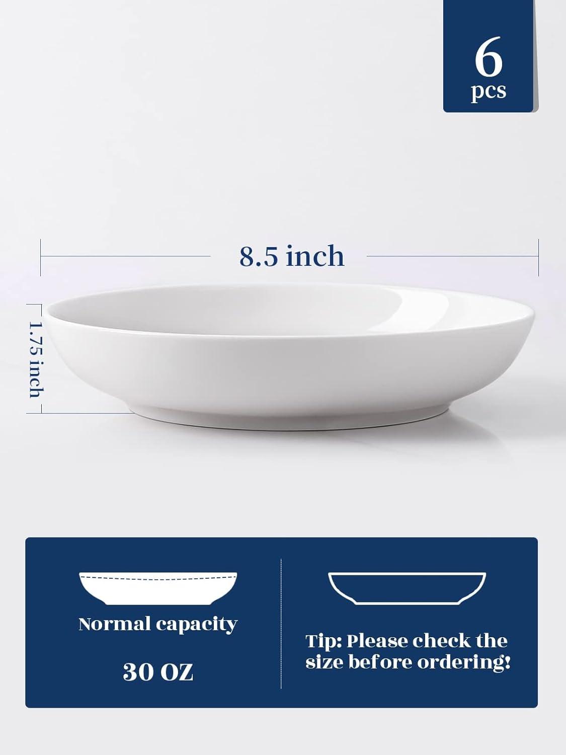 Classic White Porcelain 30oz Wide Shallow Pasta Bowls Set of 6