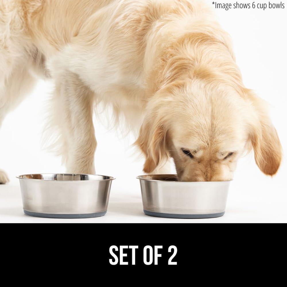 Dog Bowl Set of 2, Heavy Duty Stainless Steel Bowls by GORILLA GRIP, Holds 6 Cups, Gray
