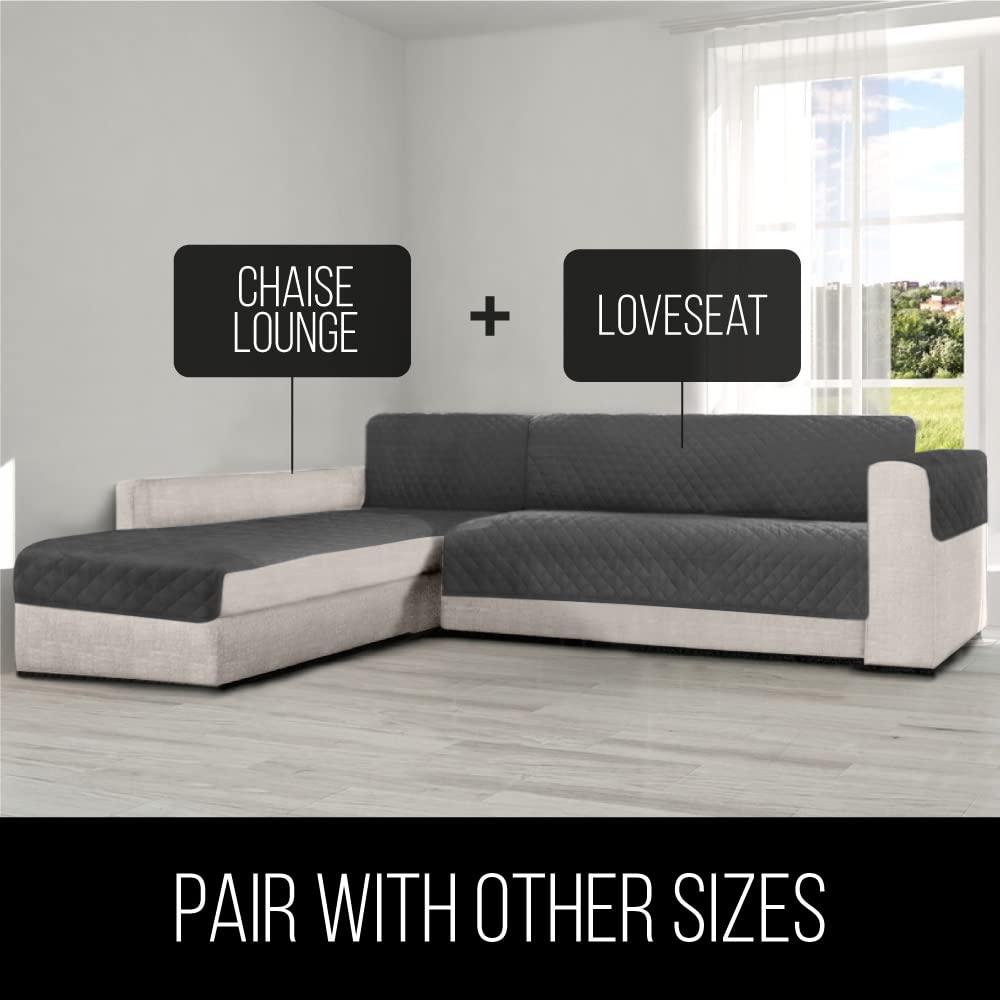 Sofa Shield Chaise Slip Cover with Patented Strap, Cushion Protector, US Designed Reversible Stain and Dog Tear Resistant Slipcover, 102x34 inch Seat, Washable Covers for Dogs Pets, Light Taupe