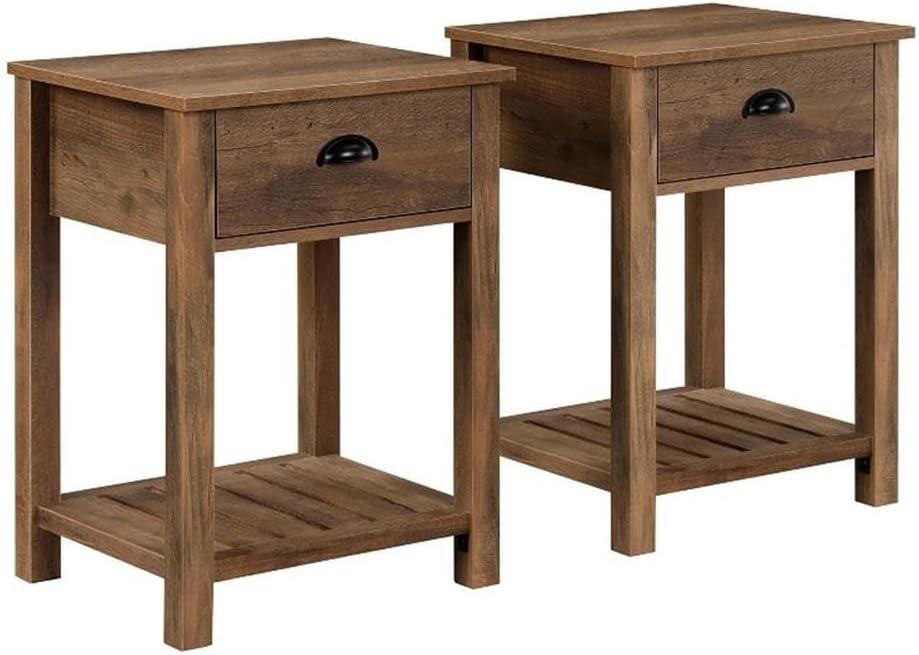 Rustic Oak Farmhouse End Table Set with Storage Drawer