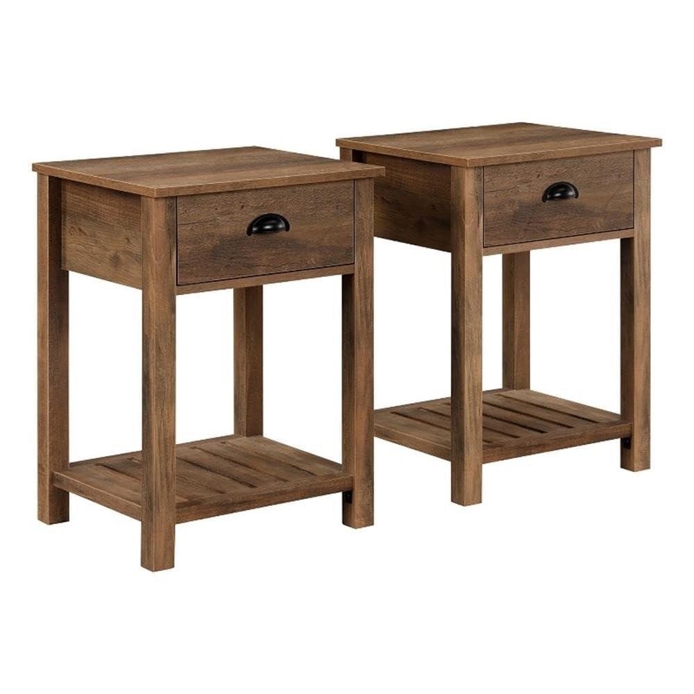 Country Farmhouse Single Drawer Wood Side Table Set - Rustic Oak