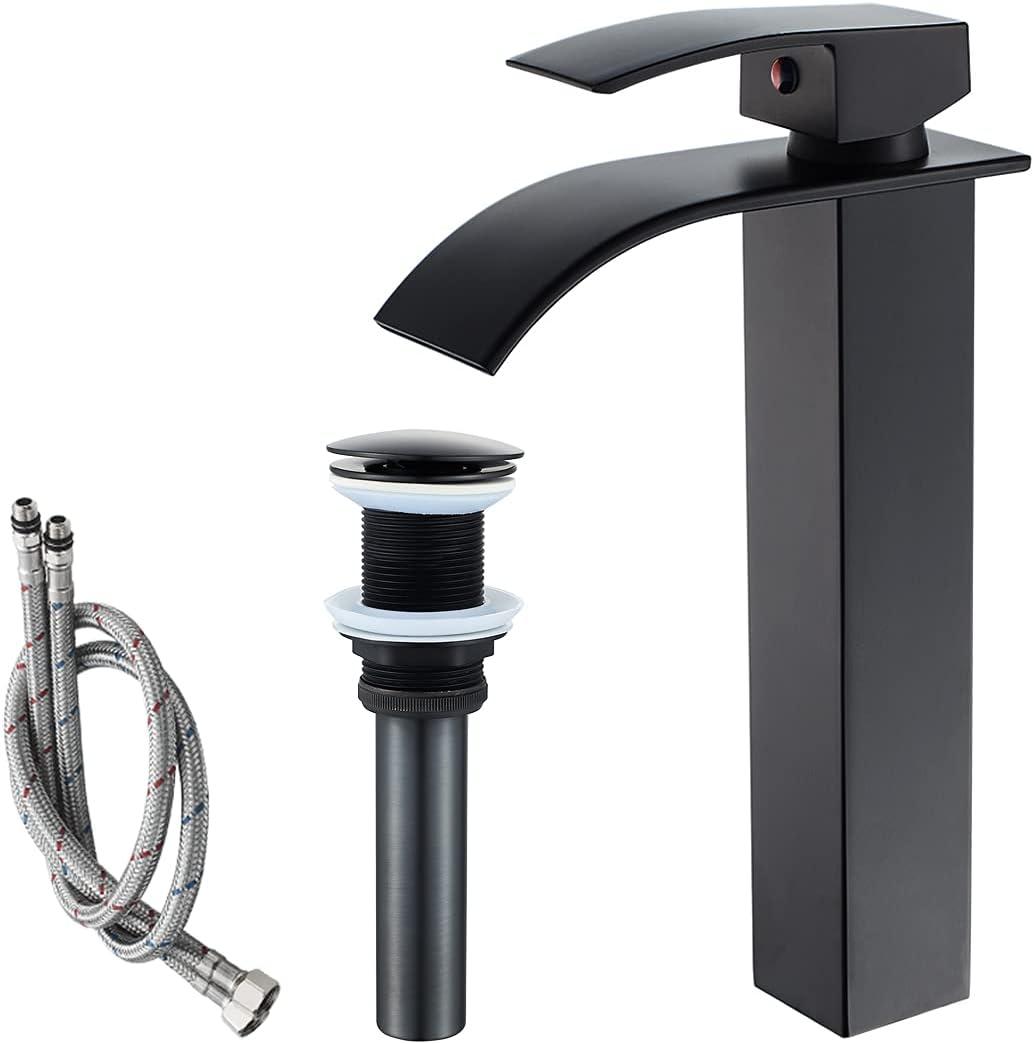 Waterfall Bathroom Faucet Single Handle，Bathroom Sink Faucet 1 Hole，Waterfall Faucet for Bathroom Sink，Vessel Sink Faucet Matte Black Tall Bathroom Faucet