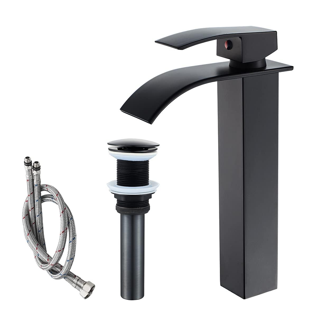 Waterfall Bathroom Faucet Single Handle，Bathroom Sink Faucet 1 Hole，Waterfall Faucet for Bathroom Sink，Vessel Sink Faucet Matte Black Tall Bathroom Faucet