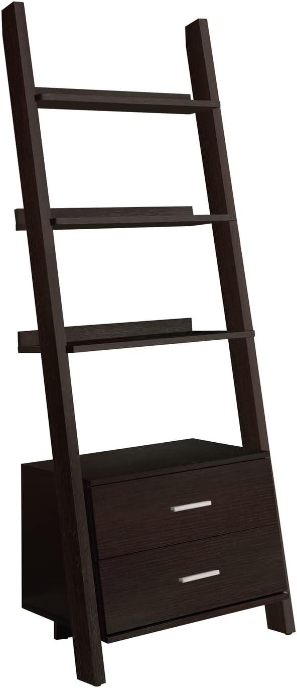 Cappuccino Transitional Ladder Bookcase with Storage Drawers, 69"H