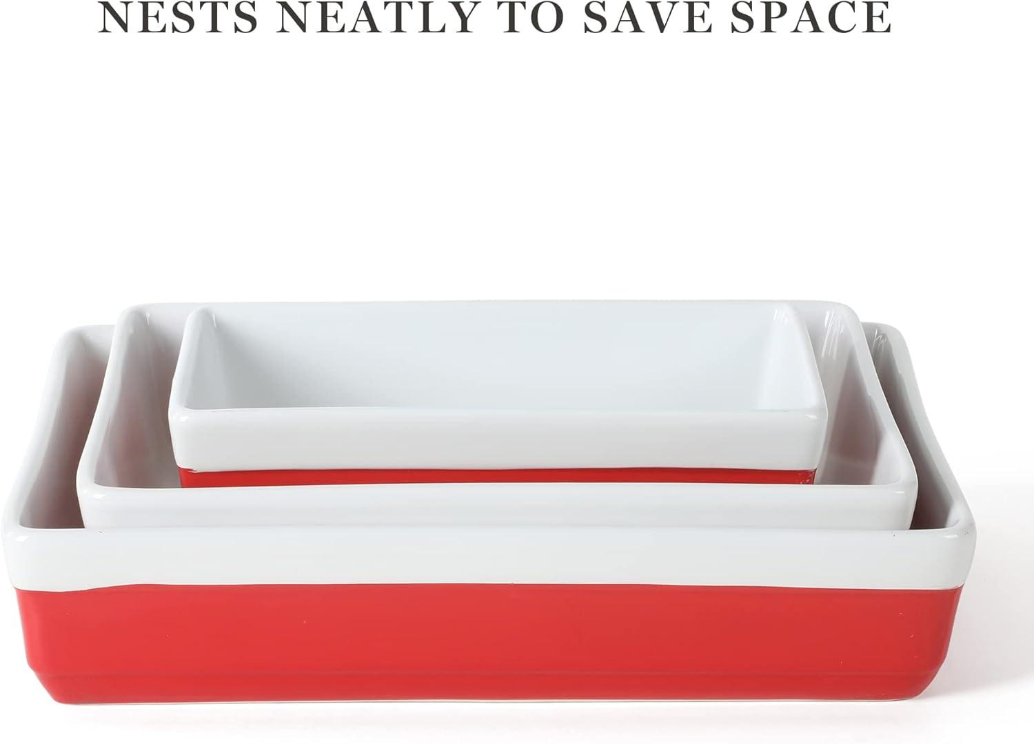3-Piece Rectangular Stoneware Nesting Baker Set in Red