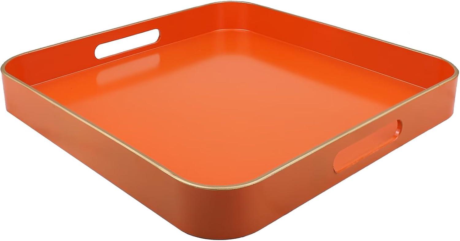 MAONAME Decorative Tray, Orange Serving Tray with Handles, Coffee Table Tray, Square Plastic Tray for Ottoman, Bathroom, Kitchen, 13"x13"x1.57"