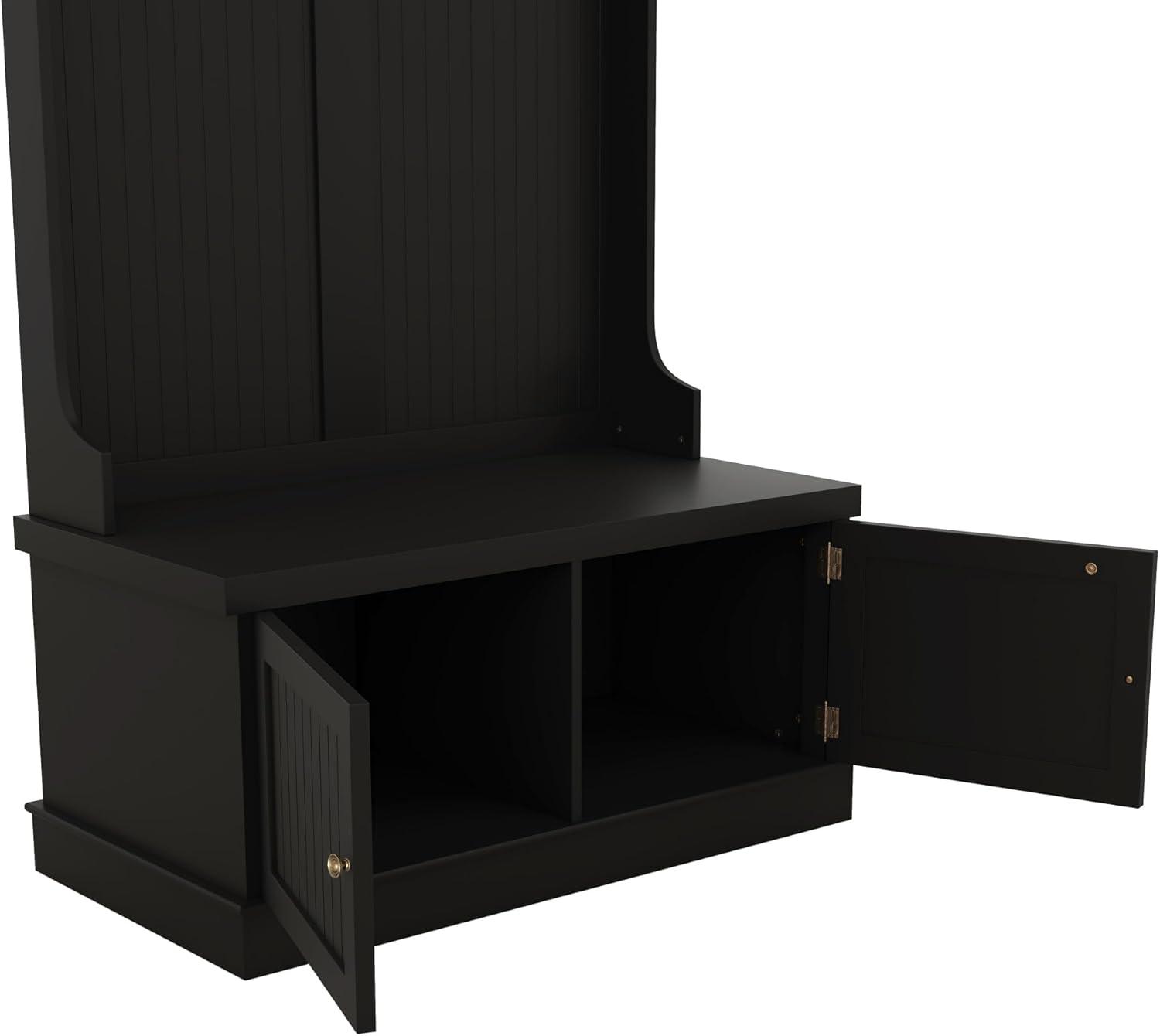 Black Hall Tree with Storage Cabinets and Metal Hooks