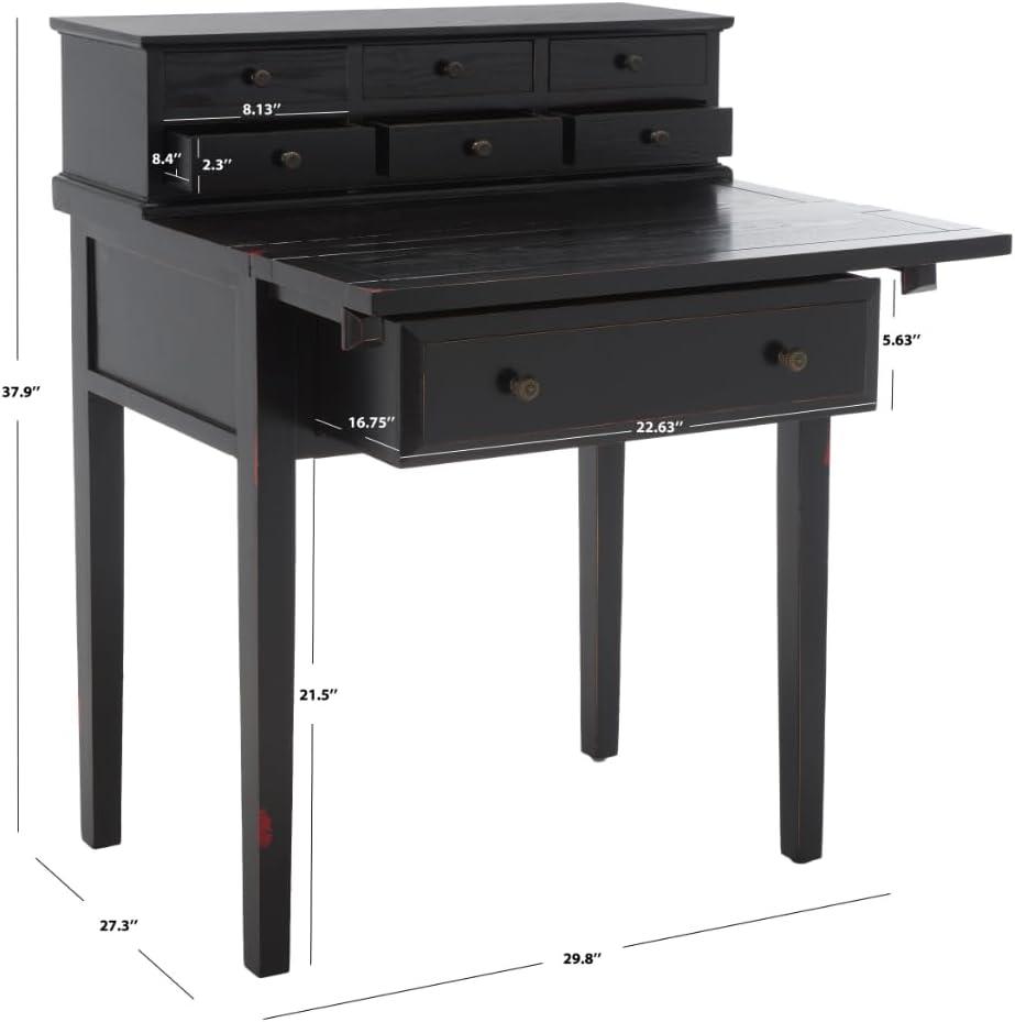 Transitional Black Wood Desk with 7 Drawers and Foldable Top