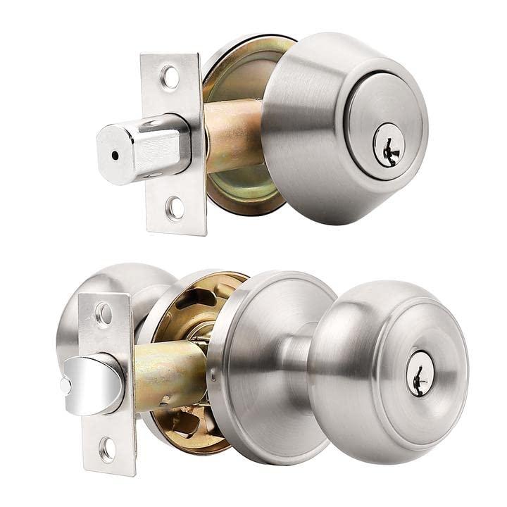 Brushed Nickel Round Stainless Steel Entry Knob and Deadbolt Set