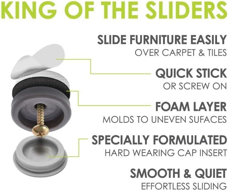 GorillaGlides CB193 3/4 Inch Chair Glides / Furniture Feet Floor Protectors (Set of 16 Sliders) Self-Adhesive or Screw-On, for Sliding on Carpet and Hard Surface Flooring, Round