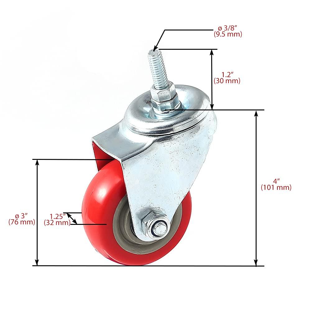 4 Pack Caster Wheels Swivel Plate Stem Casters On Red Polyurethane Wheels (3 inch Stem)