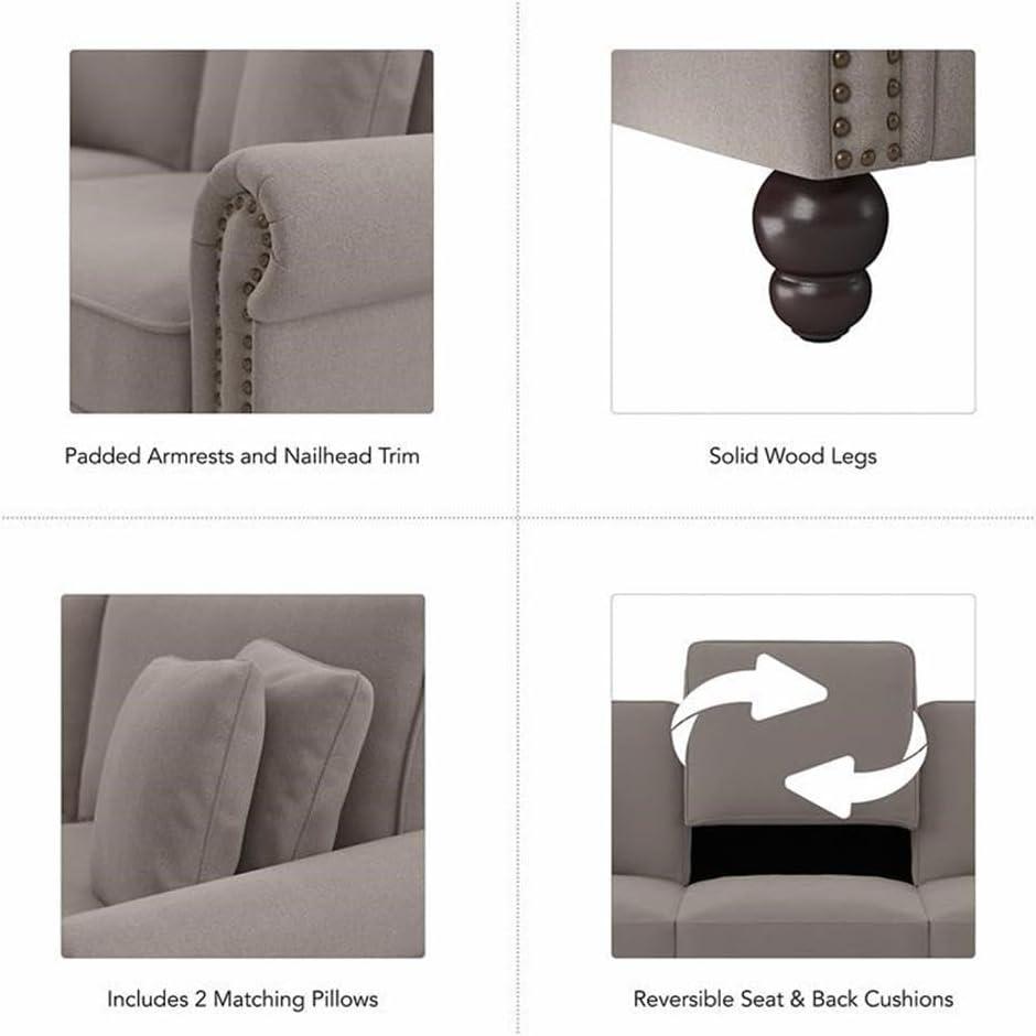 Bush Furniture 73 Inch Living Room Sofa, Pet-Friendly Couch with Fabric Upholstery and Nailhead Trim, Traditional, Coventry Collection, Beige Herringbone