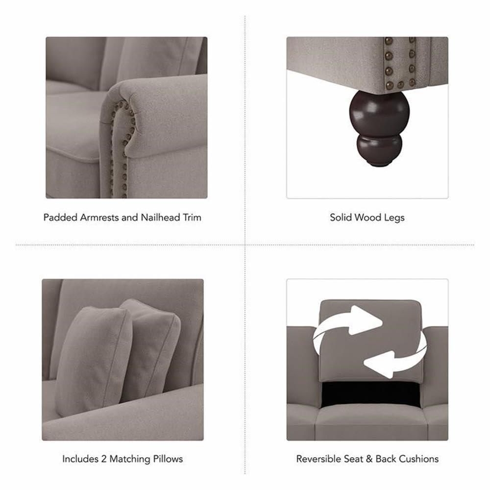 Bush Furniture 73 Inch Living Room Sofa, Pet-Friendly Couch with Fabric Upholstery and Nailhead Trim, Traditional, Coventry Collection, Beige Herringbone