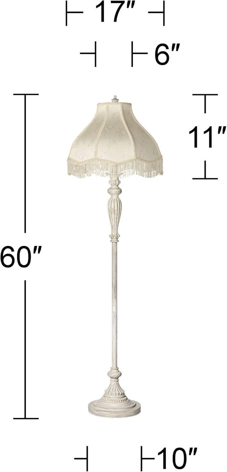 360 Lighting Vintage Shabby Chic Floor Lamp 60" Tall Antique White Cream Scallop Fabric Dome Shade Fringe for Living Room Reading Bedroom