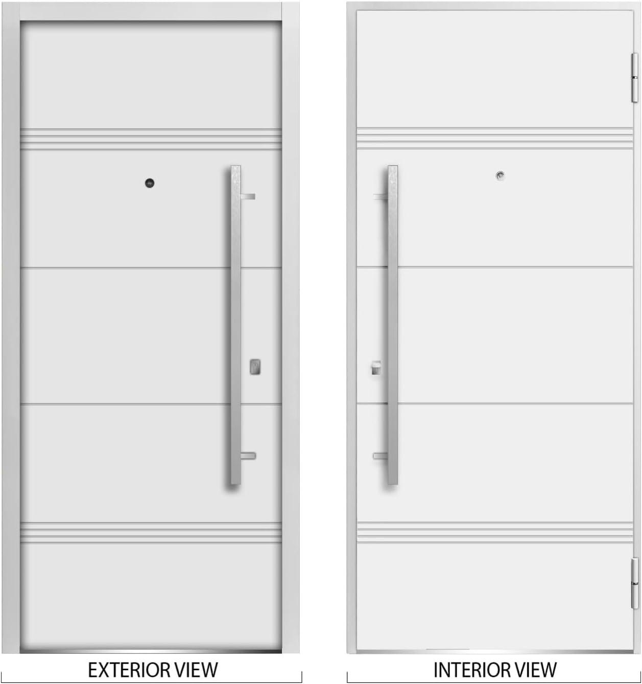 VDOMDOORS Front Exterior Prehung Steel Door 36 x 80 inches Right-Hand/Deux 1705 White Enamel/Horizontal Lines Single Modern Painted