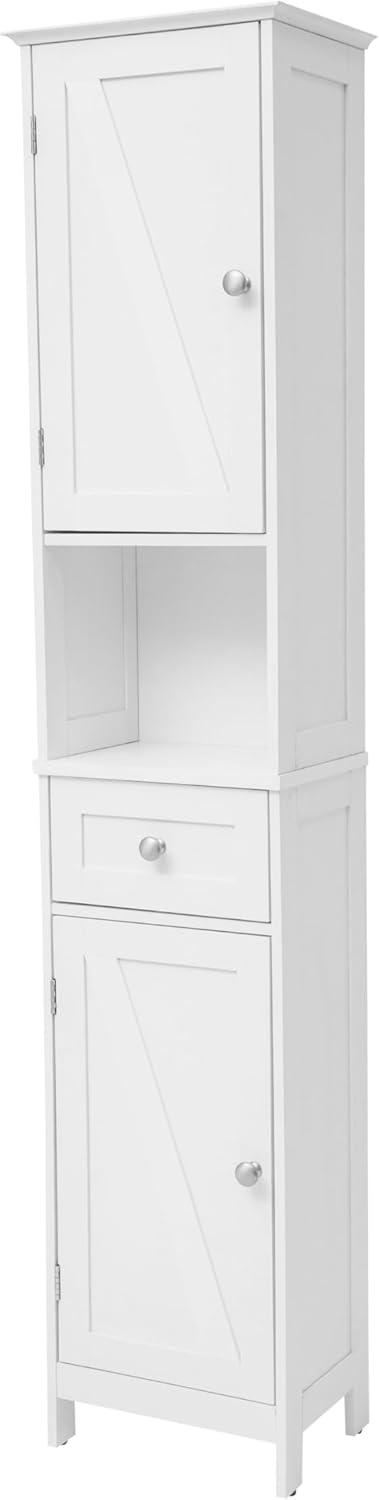 Flash Furniture Dune Freestanding Bathroom Linen Tower Storage Cabinet with Magnetic Close Doors, Adjustable Shelves, Open Display Shelf, and Drawer