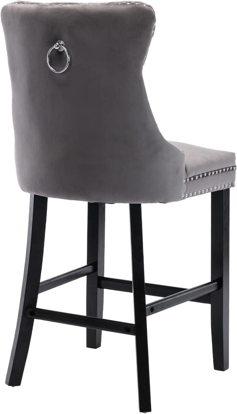 Gray Velvet Upholstered Wingback Barstools with Nailhead Trim