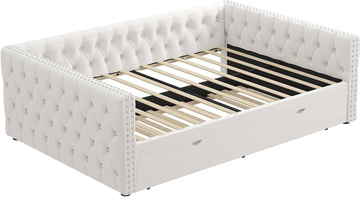 KNeretva Velvet Full Daybed with Twin Trundle, Modern Upholstered Full Size Day Bed Button-Tufted Sofa Daybed Frame (Black)