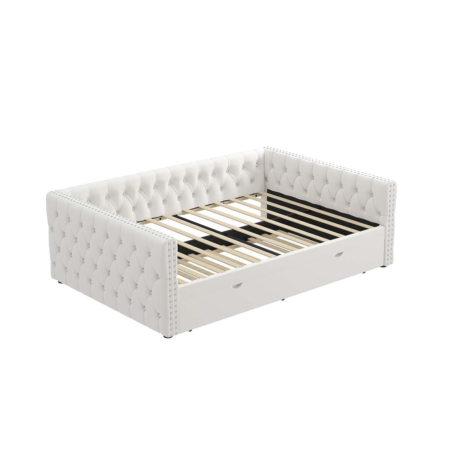 KNeretva Velvet Full Daybed with Twin Trundle, Modern Upholstered Full Size Day Bed Button-Tufted Sofa Daybed Frame (Black)