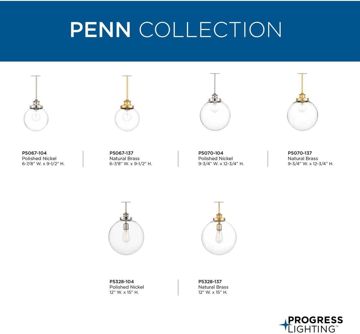 Progress Lighting, Penn Collection, 1-Light Large Pendant, Polished Nickel, Clear Glass Sphere Shade