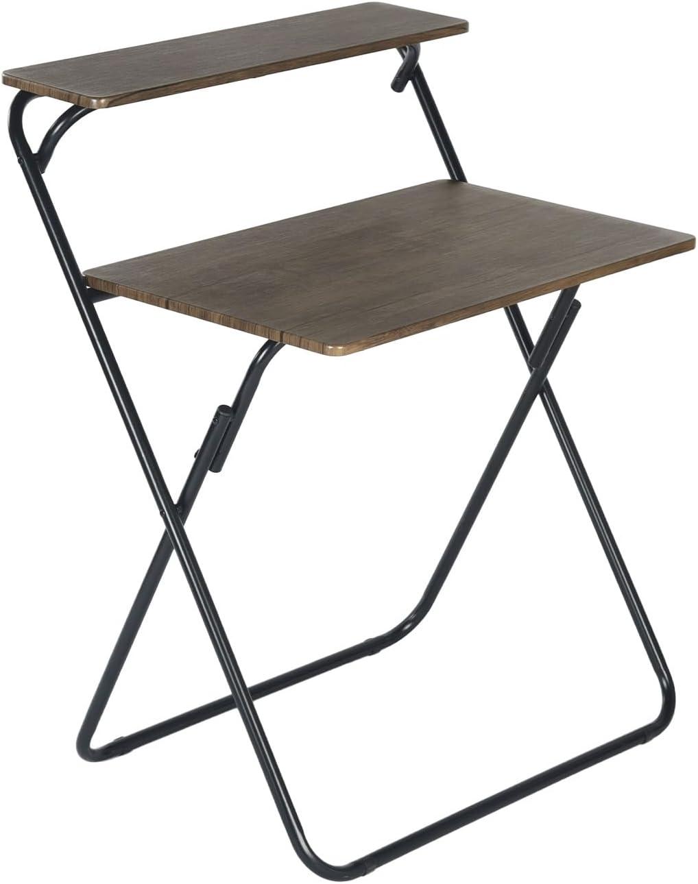 Folding Home Office Desk & Chair & Storage Shelf Sets, No Assembly Required - 29.5-Inch Study Workstation Writing Desk, 2-Tier Storage Rack Organizer Corner Shelf Bookcase, Small Stool Chair, Brown