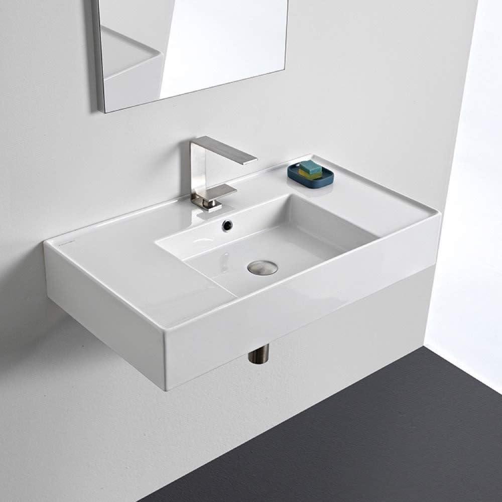 Glossy White Ceramic Rectangular Wall-Mount Bathroom Sink