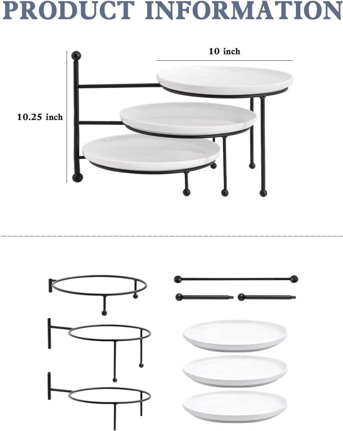 White Ceramic 3-Tier Round Serving Stand with Black Metal Frame