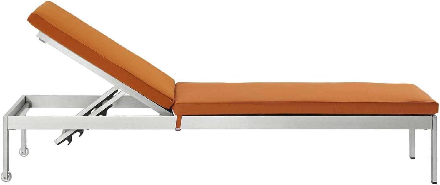 Silver Aluminum Outdoor Chaise Lounger with Orange Cushions